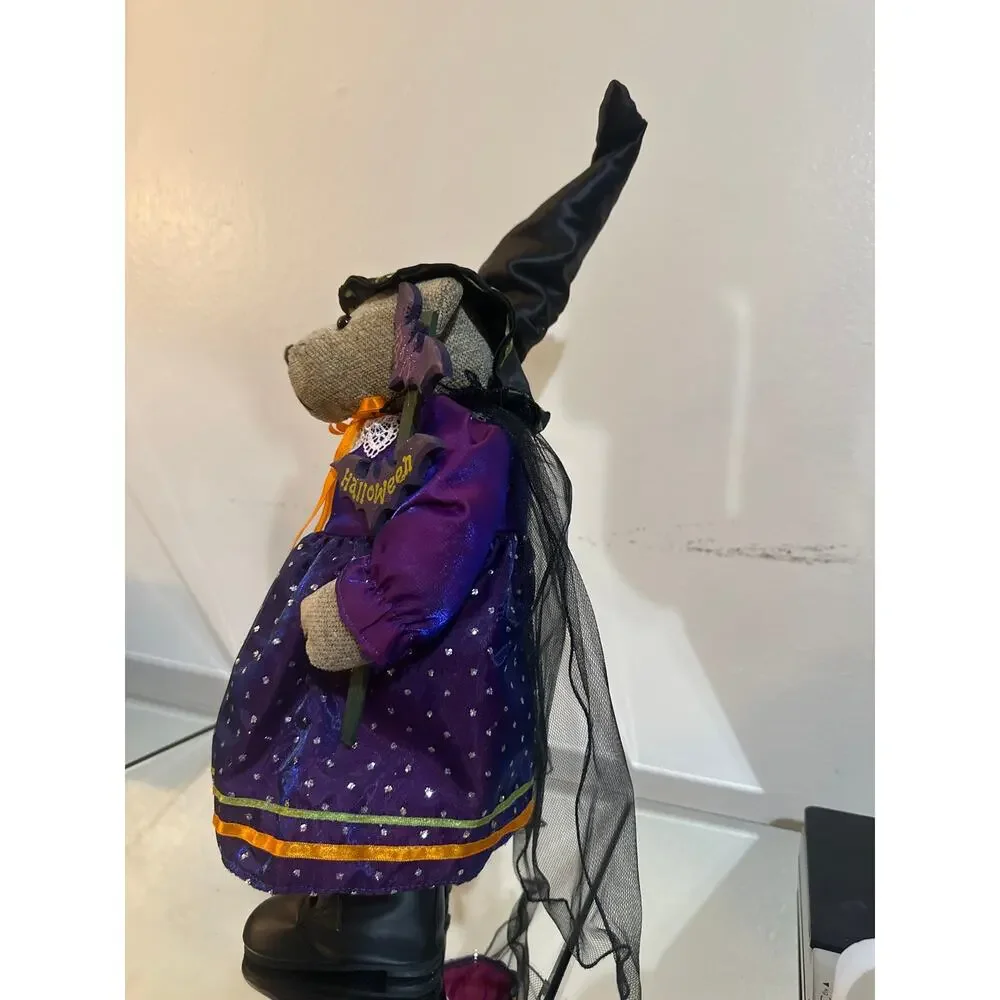 Vint plush teddy bear dressed in purple &black Halloween witch w/web &spider New